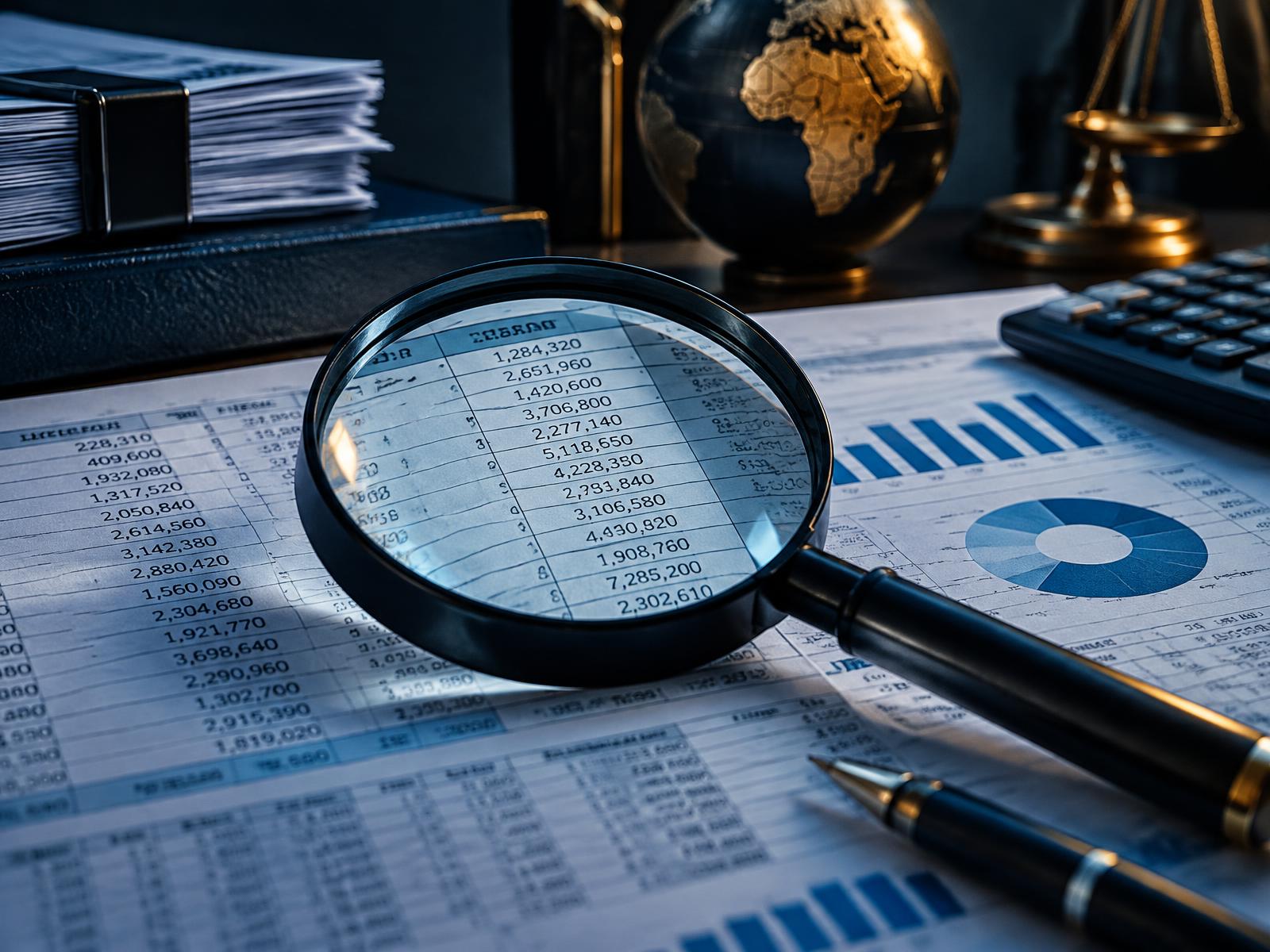 Magnifying glass examining financial records
